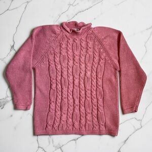Vintage 90s Maggie Lawrence Pink Chunky Cable Knit Fisherman Sweater Mock Neck S